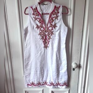 Anany Sleeveless Embroidered Linen Lined White MIDI Dress Size 44 ( XL)